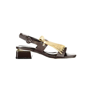 Laura Biagiotti brown polyurethane slingback sandal with block heel and decorative cream fringe detail.
