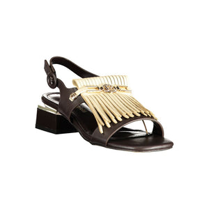 Laura Biagiotti brown polyurethane women's sandal with cream fringe, metallic hardware, and a low block heel.