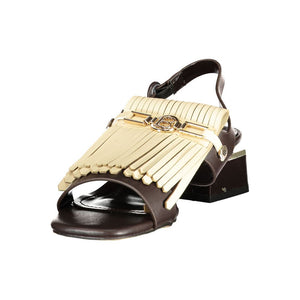 Brown polyurethane Laura Biagiotti sandal with a gold-toned fringe detail, block heel, and slingback strap.