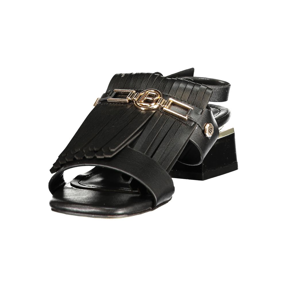 Black Laura Biagiotti polyurethane women's sandal with fringe detail, gold-tone hardware, and block heel.