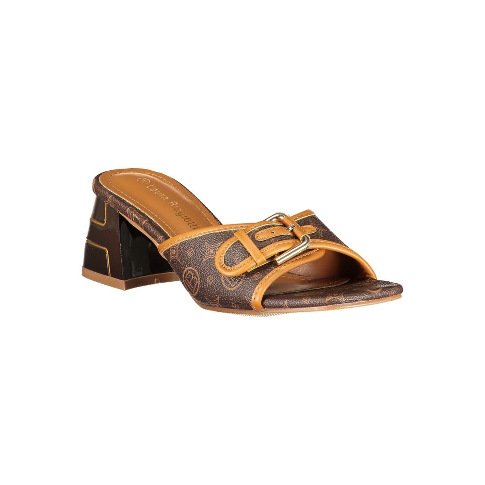 Female model wearing Laura Biagiotti brown polyurethane women's sandal with a warm brown upper, elegant strap detailing, and refined Italian craftsmanship, captured mid-step in a casual lifestyle pose showcasing the sandal's earthy sophistication and effortless summer luxury.