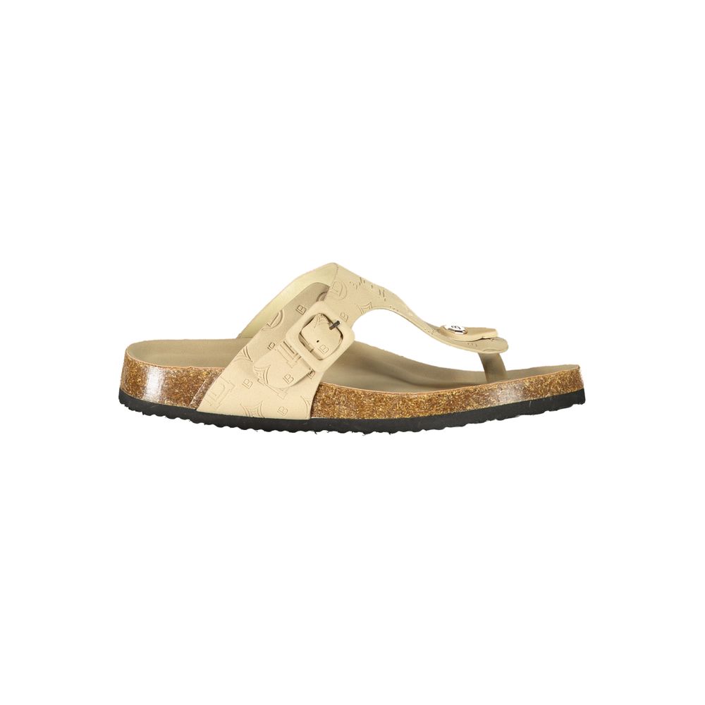 Beige Laura Biagiotti women's thong slipper in polyurethane with a buckle strap and cork-style midsole.