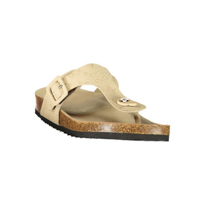 Beige Laura Biagiotti polyurethane thong sandal with embossed pattern, buckle, and cork-style sole.