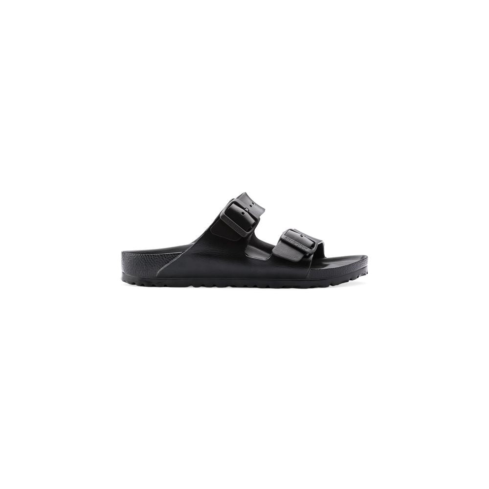 Side view of a black Birkenstock Arizona EVA sandal with two adjustable straps and molded footbed.