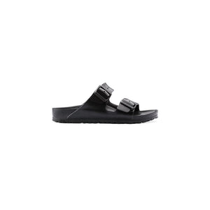 Side view of a black Birkenstock Arizona EVA sandal with two adjustable straps and molded footbed.