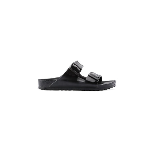 Side view of a black Birkenstock Arizona EVA sandal with two adjustable straps and molded footbed.