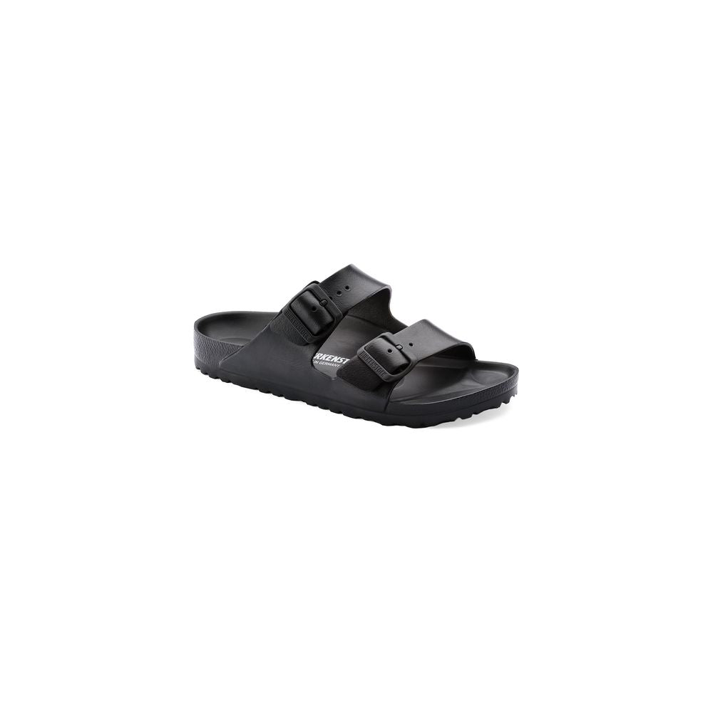 Black Birkenstock Arizona EVA sandals with two adjustable buckle straps on a white background.