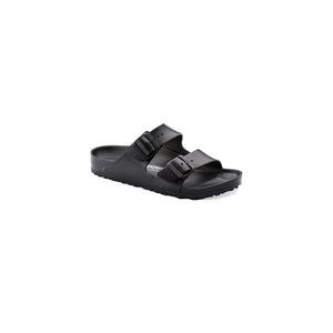 Black Birkenstock Arizona EVA sandals with two adjustable buckle straps on a white background.