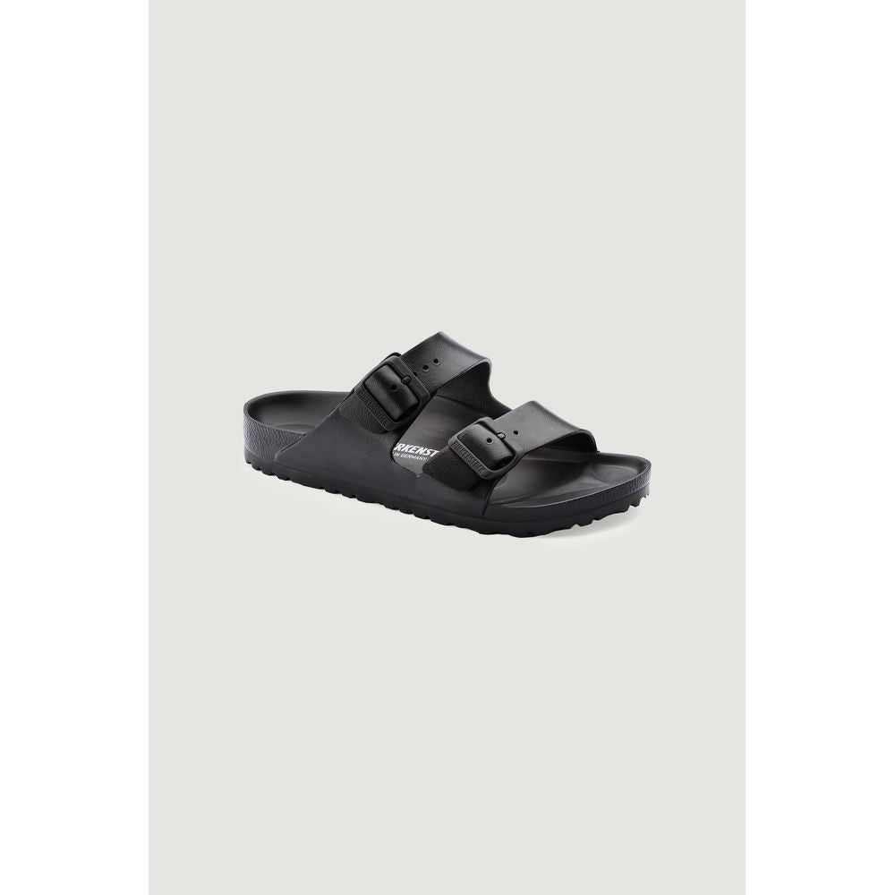 Black Birkenstock Arizona sandals made of lightweight EVA with two adjustable straps and buckles on a white background.