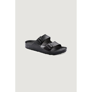 Black Birkenstock Arizona sandals made of lightweight EVA with two adjustable straps and buckles on a white background.