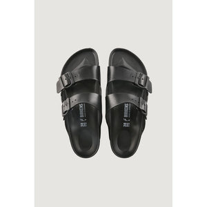 A pair of black, double-strap EVA Birkenstock-style sandals from a top-down view on a plain background.