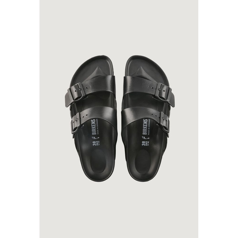 A pair of black, double-strap EVA Birkenstock-style sandals from a top-down view on a plain background.