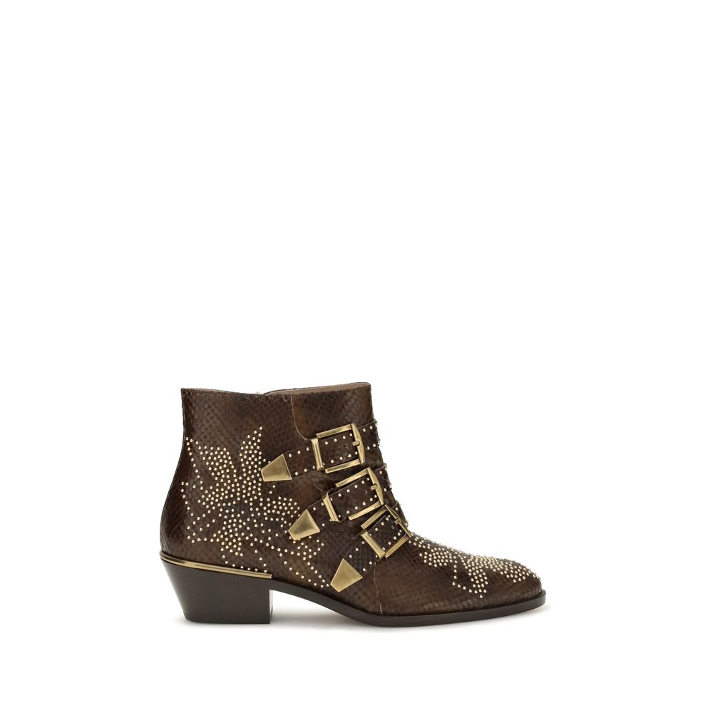 Female model wearing Chloé brown calf leather Bos Taurus ankle boots with a rich warm brown leather upper, refined stitching details, and luxurious French designer craftsmanship, captured mid-step in a casual lifestyle pose showcasing the boot's understated earthy elegance and effortless Parisian sophistication