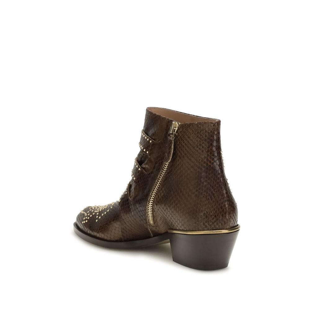 Female model wearing Chloé brown calf leather Bos Taurus ankle boots with a rich warm brown leather upper, refined stitching details, and luxurious French designer craftsmanship, captured mid-step in a casual lifestyle pose showcasing the boot's understated earthy elegance and effortless Parisian sophistication