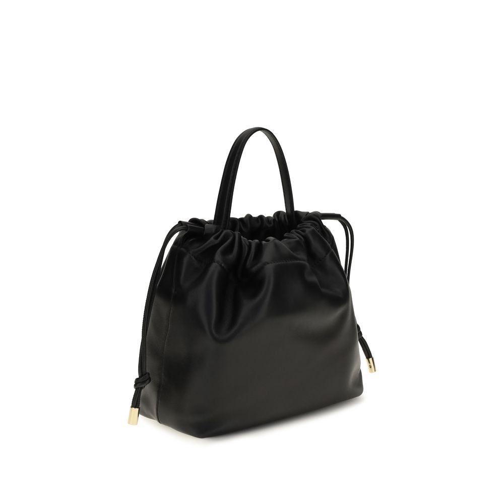 Chloé black lambskin leather shoulder bag with top handle and drawstring closure.