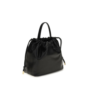 Chloé black lambskin leather shoulder bag with top handle and drawstring closure.