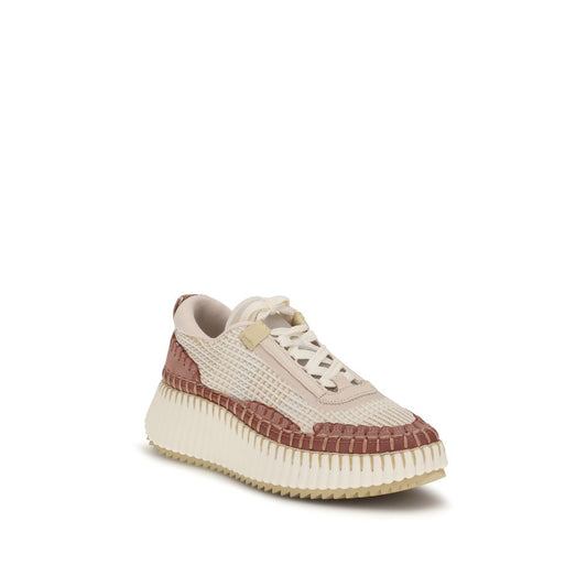 Sneaker with white and brown design on a white background
