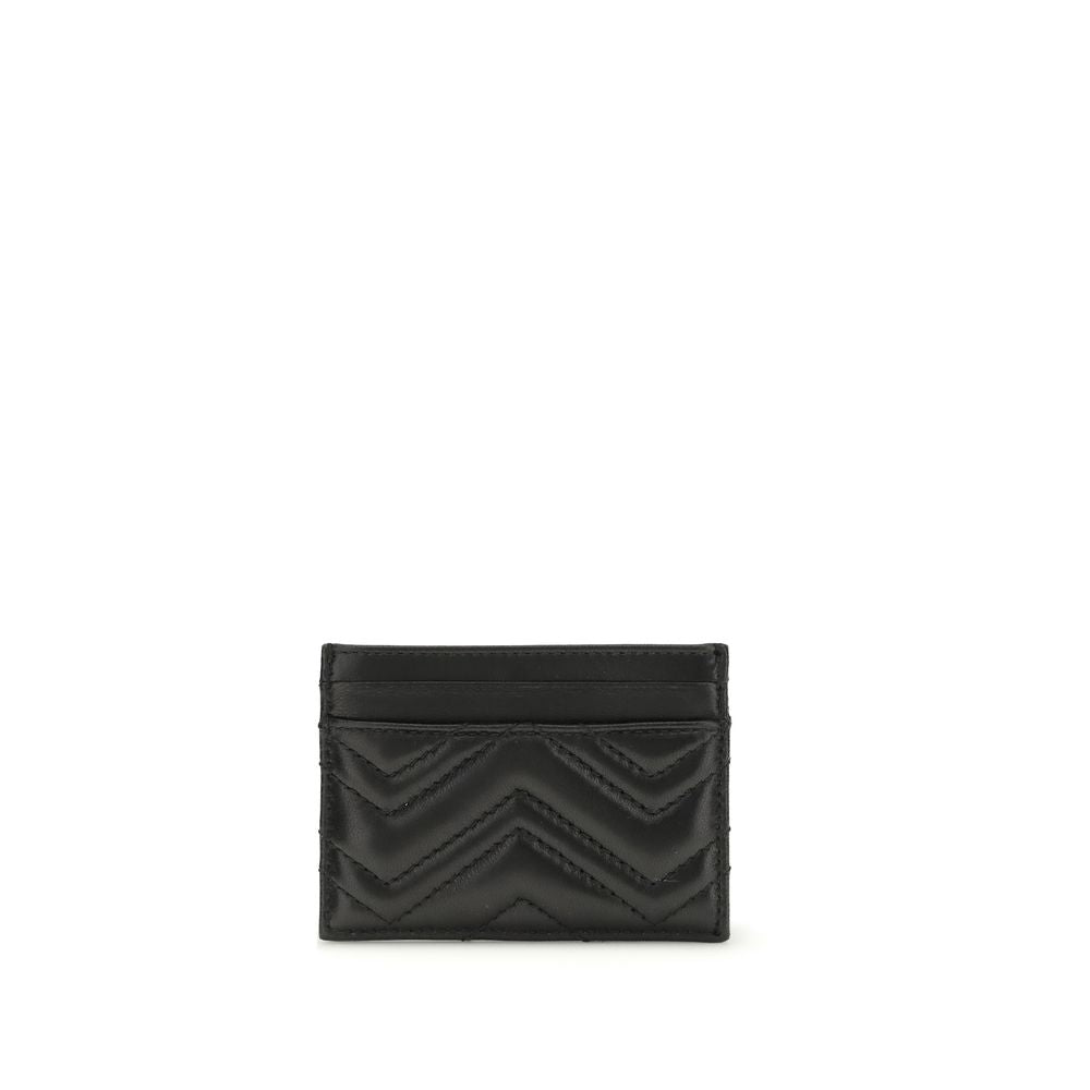 Gucci black lambskin leather card wallet with chevron quilting.