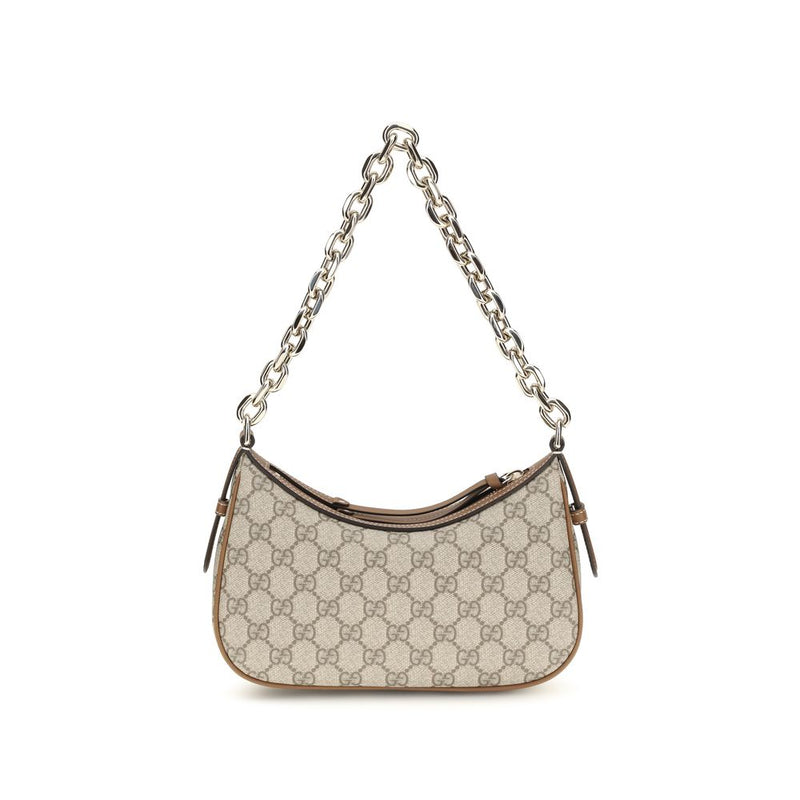 Gucci beige fabric monogram shoulder bag with brown leather trim and a chunky metal chain strap