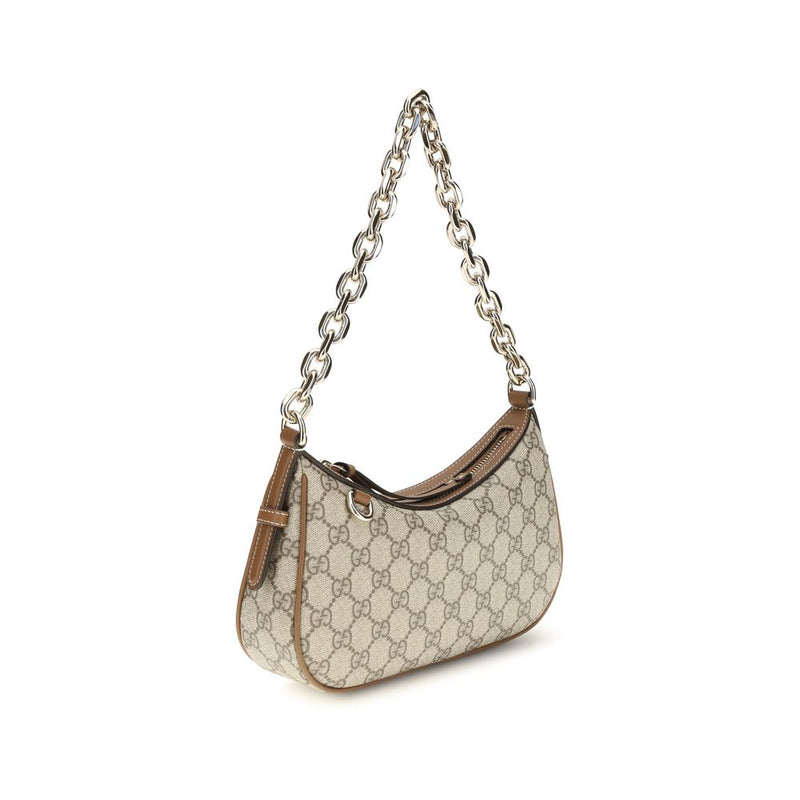Gucci beige monogram canvas shoulder bag with brown leather trim and chunky silver chain strap