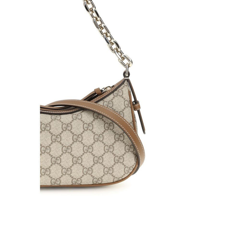 Gucci beige fabric handbag with monogram print, brown leather trim, and a metal chain strap