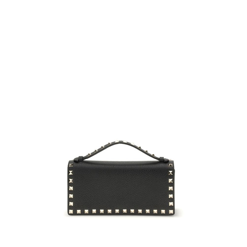 Black calf leather wallet with a studded handle and border