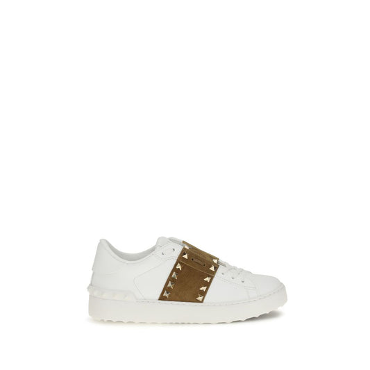 Valentino white leather sneakers with an olive suede stripe and gold rockstud trim on the side.