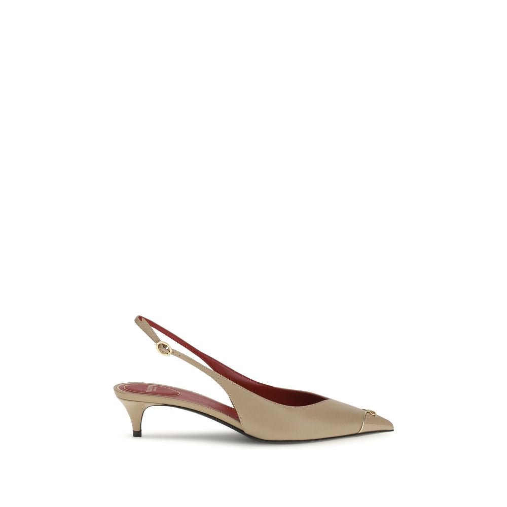 Beige slingback shoe on a white background