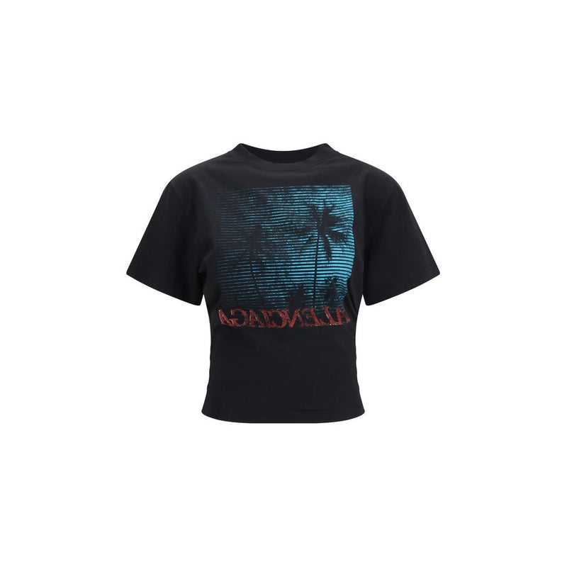 Black cotton t-shirt with a blue palm tree graphic and red logo text