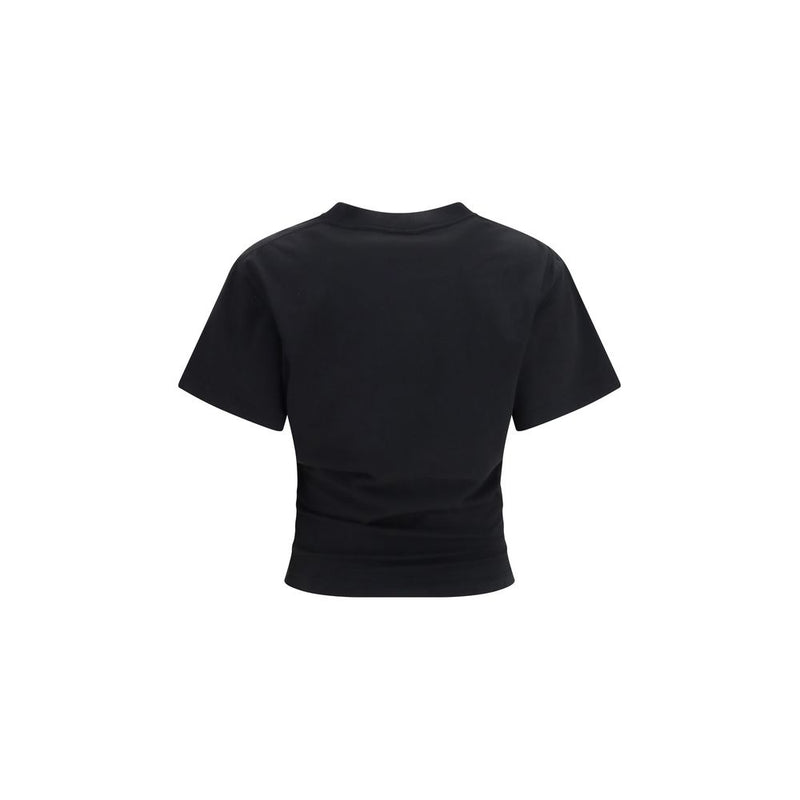 Back view of a plain black short sleeve cotton t-shirt with a crew neckline