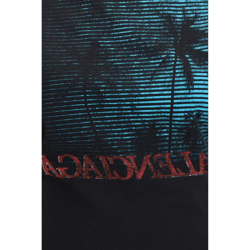 Black cotton t-shirt with a blue and black palm tree graphic and red reversed text