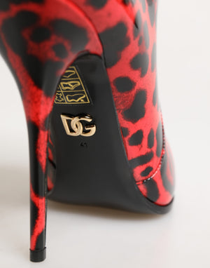 Red and black leopard print high heel shoe with a brand logo on a white background
