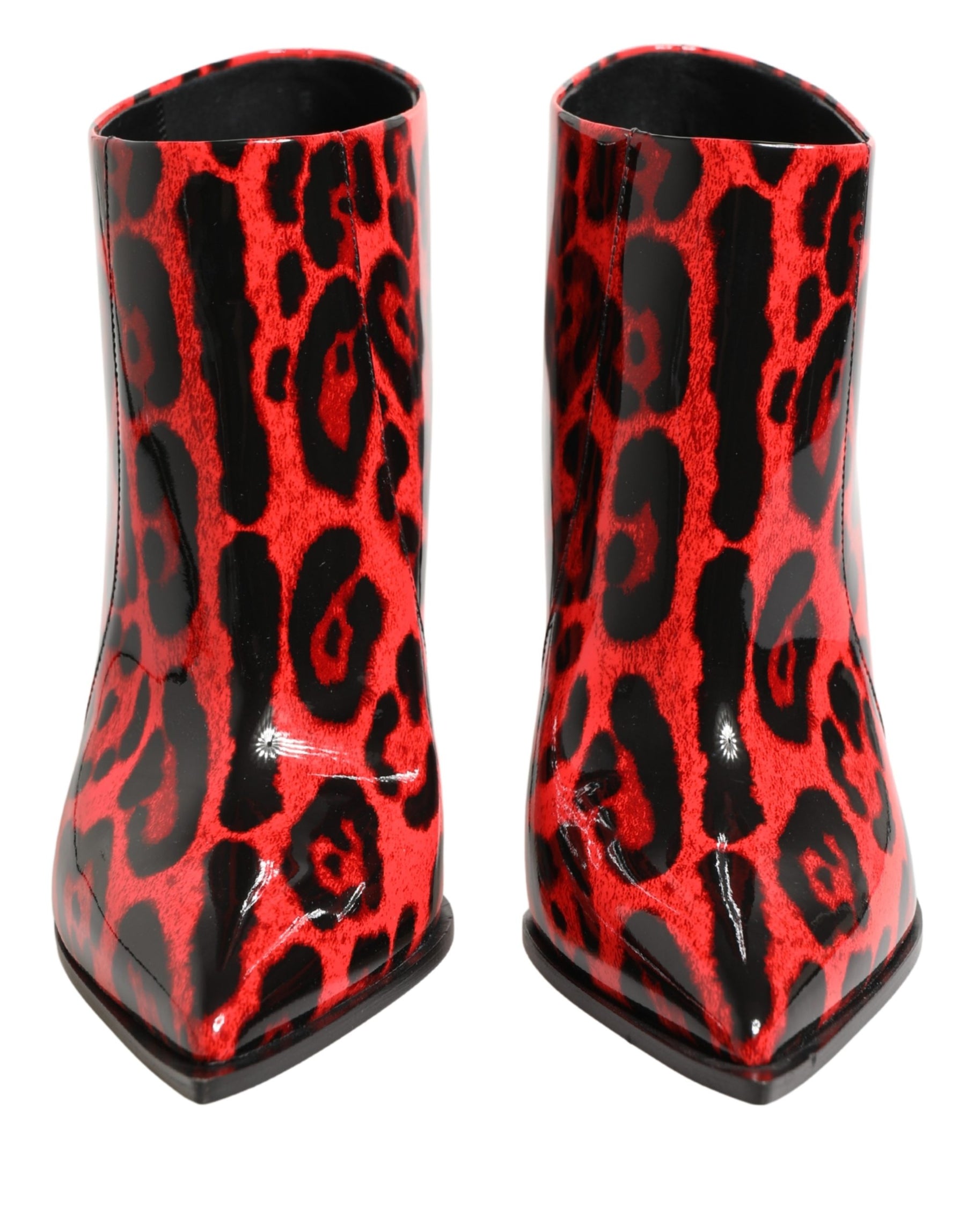 Red and black leopard print boots on a white background