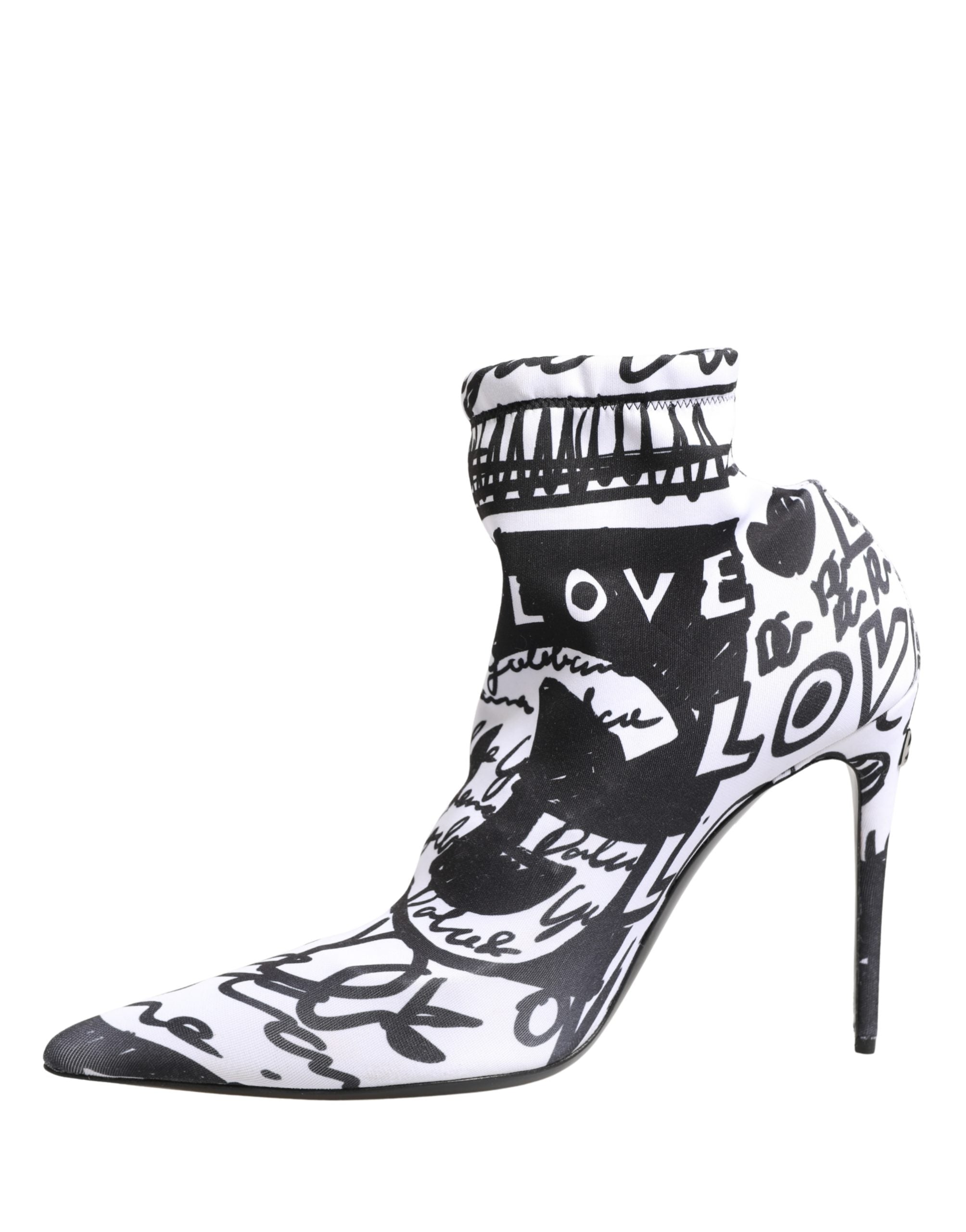 Black and white ankle boot with 'LOVE' text on a white background