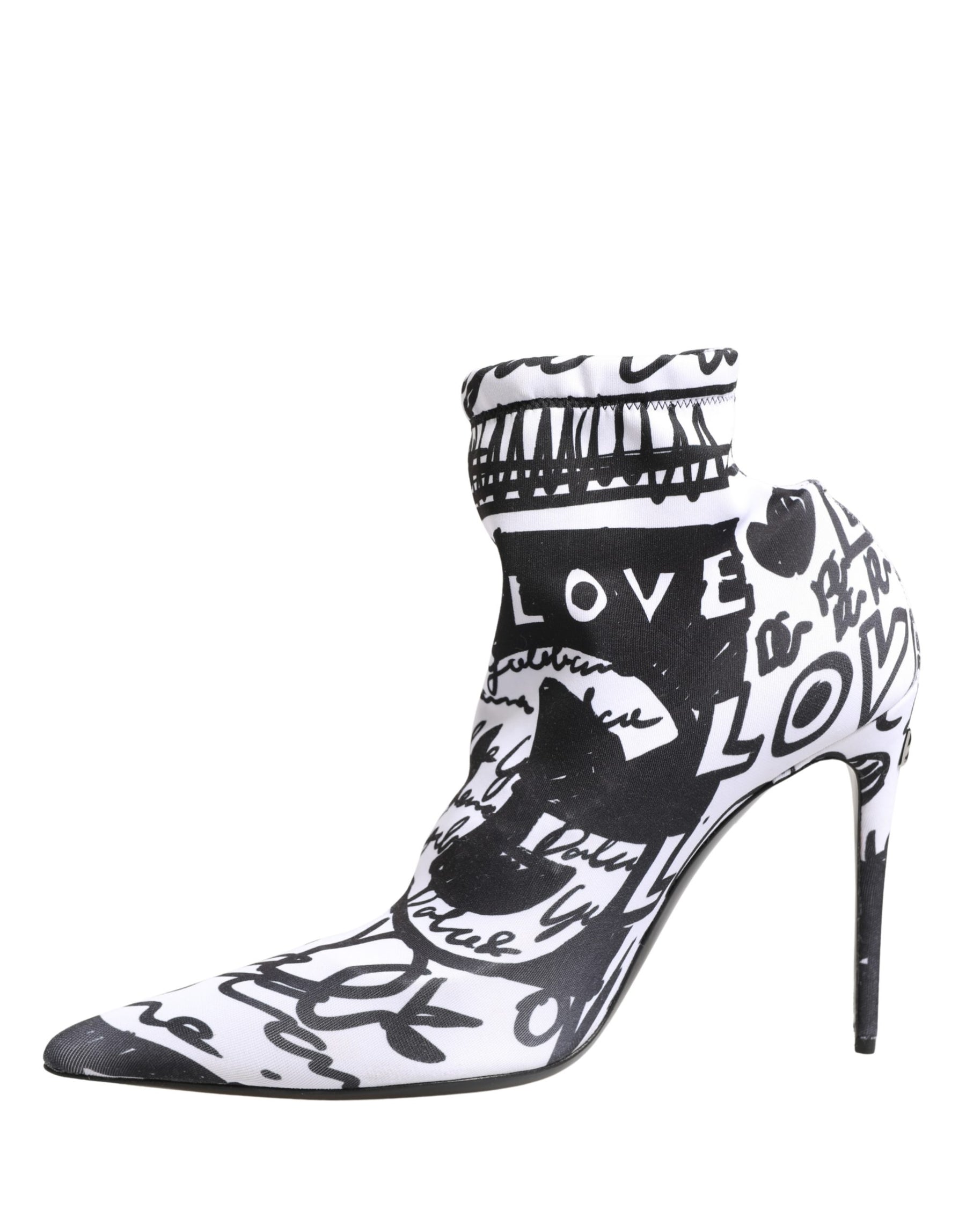 Black and white ankle boot with 'LOVE' text on a white background