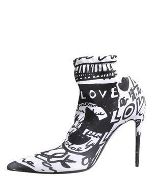 Black and white ankle boot with 'LOVE' text on a white background