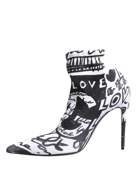 Black and white ankle boot with 'LOVE' text on a white background