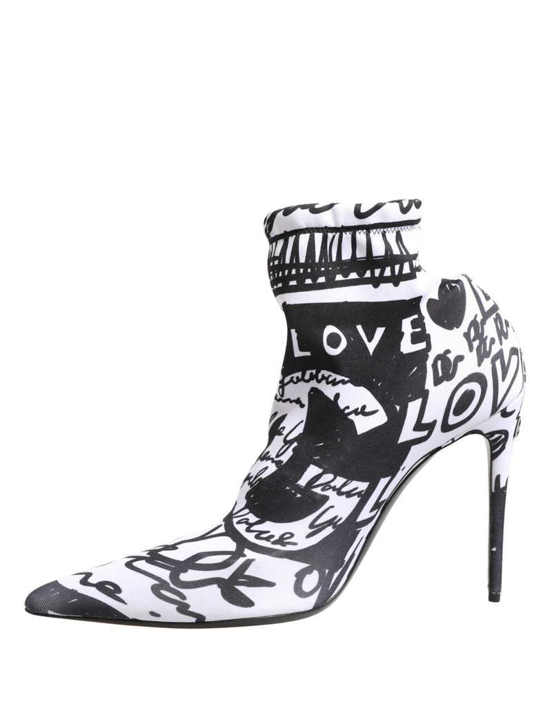 Black and white ankle boot with 'LOVE' text on a white background