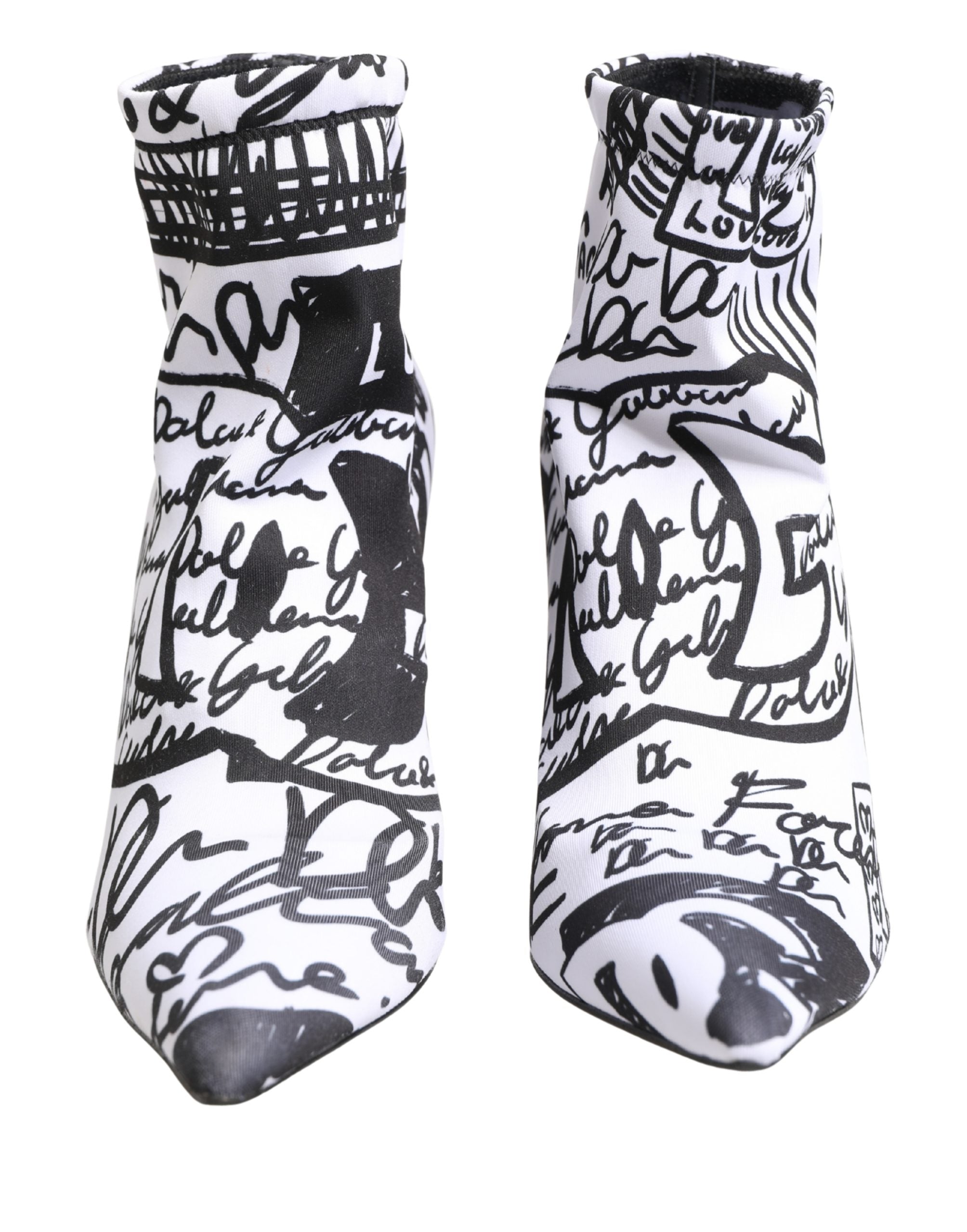 Pair of black and white socks with text pattern on a white background
