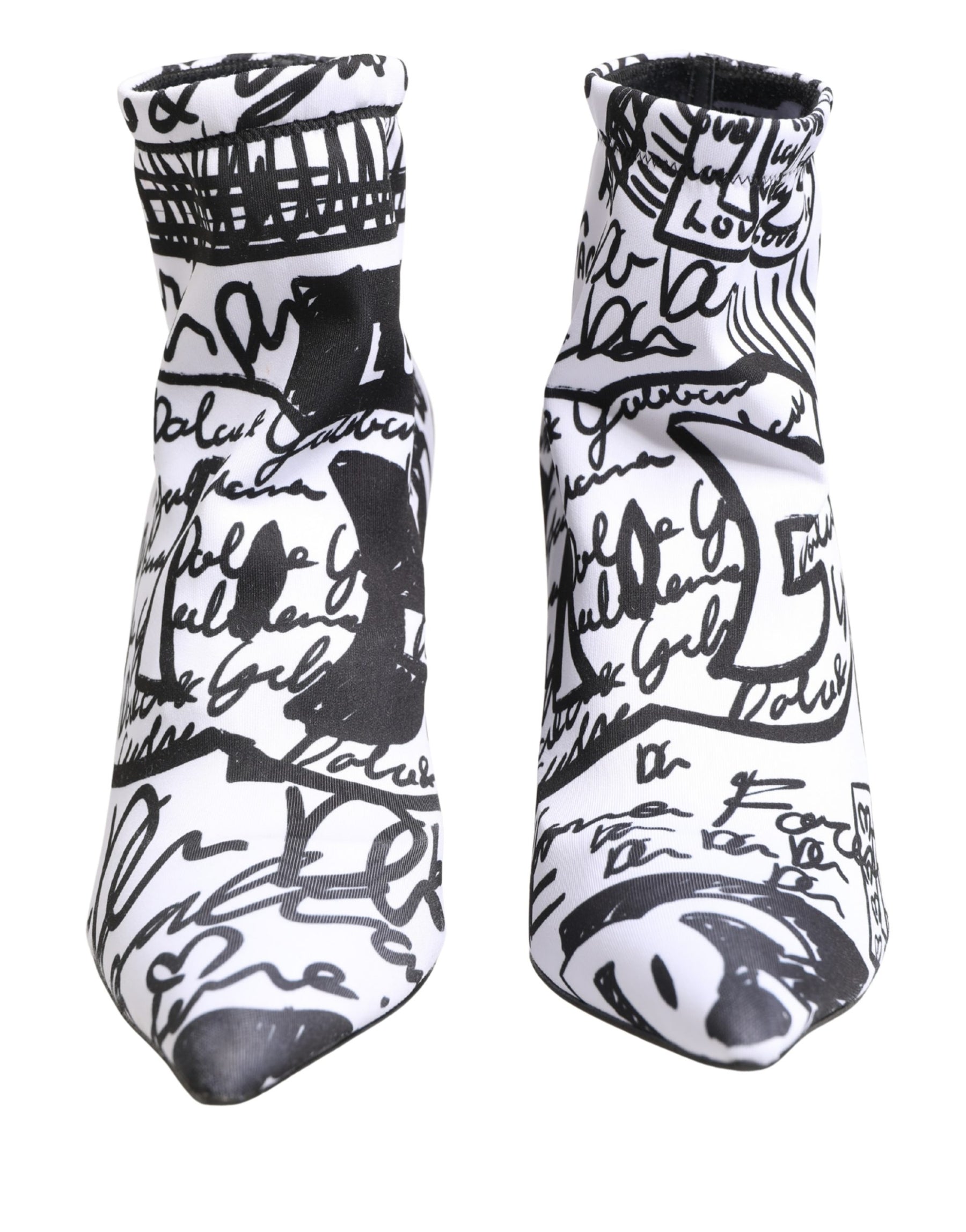 Pair of black and white socks with text pattern on a white background