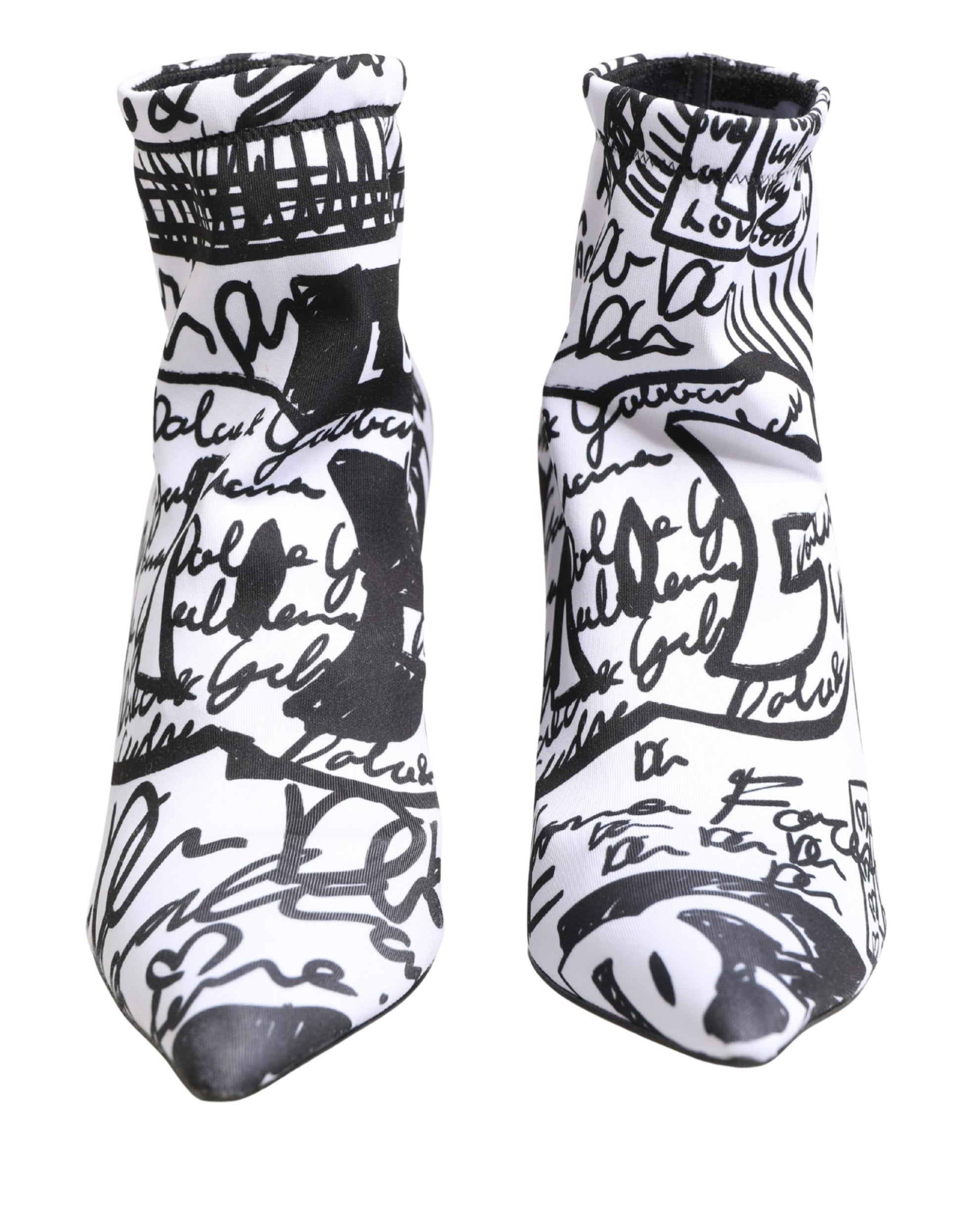 Pair of black and white socks with text pattern on a white background