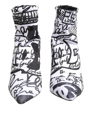 Pair of black and white socks with text pattern on a white background