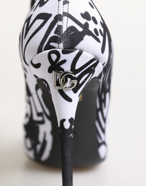 Black and white high-heeled shoe with a brand logo on a light background