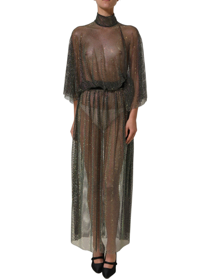 Black rhinestone mesh turtleneck maxi dress with sheer fabric and short sleeves