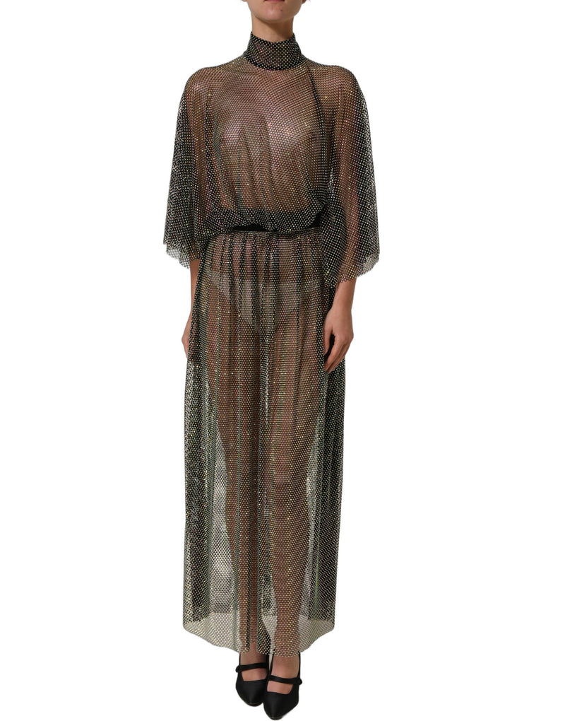 Black rhinestone mesh turtleneck maxi dress with sheer fabric and short sleeves