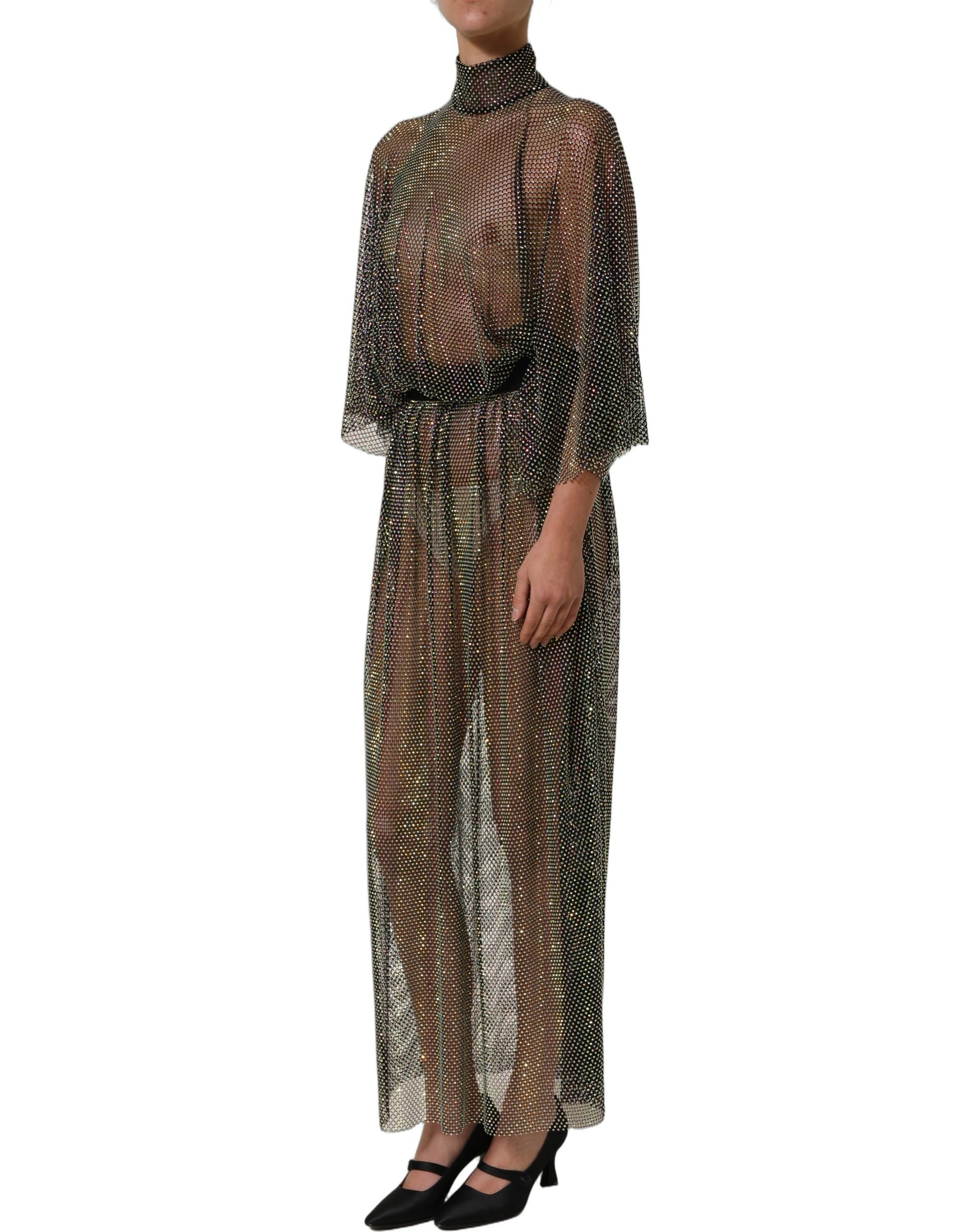 Dolce & Gabbana Black Rhinestone Mesh Turtleneck Maxi Dress