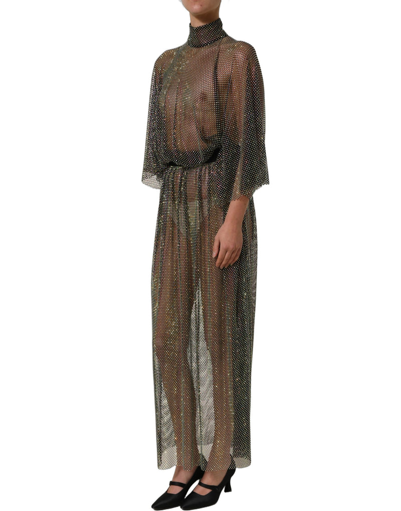 Black rhinestone mesh turtleneck maxi dress with long sleeves and loose fit