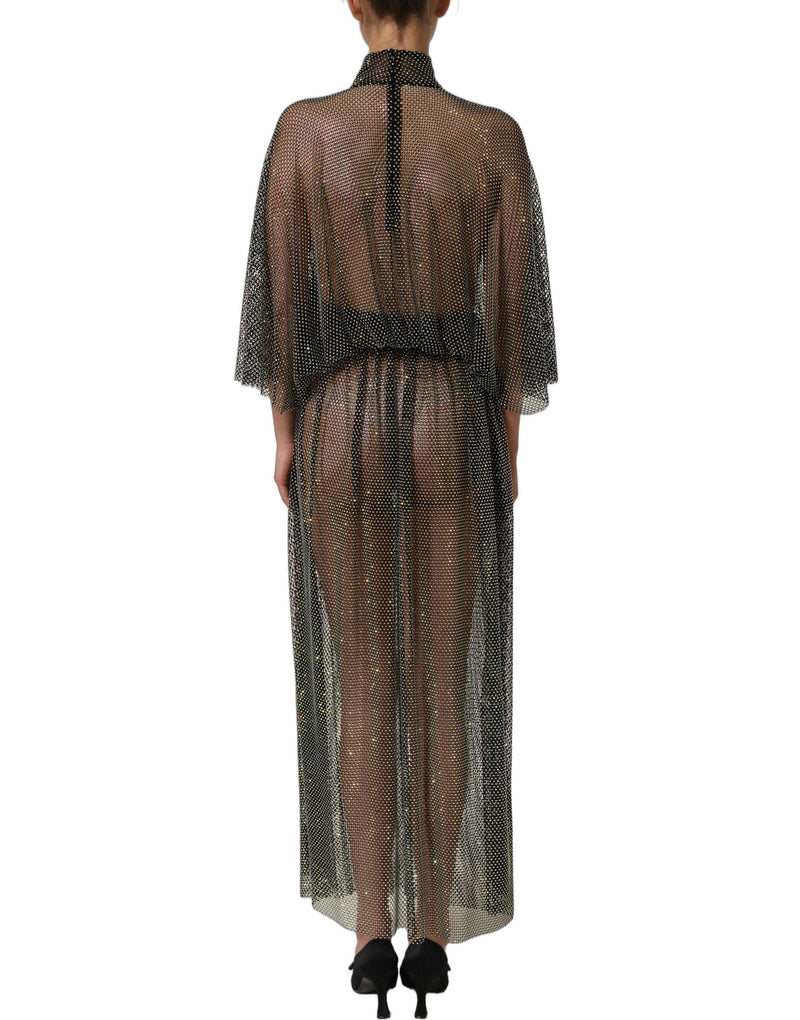 Black rhinestone mesh turtleneck maxi dress with long sleeves and loose fit