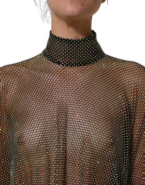 Dolce & Gabbana Black Rhinestone Mesh Turtleneck Maxi Dress