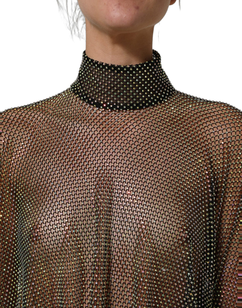 Black rhinestone-embellished mesh turtleneck dress